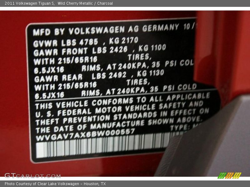 Wild Cherry Metallic / Charcoal 2011 Volkswagen Tiguan S