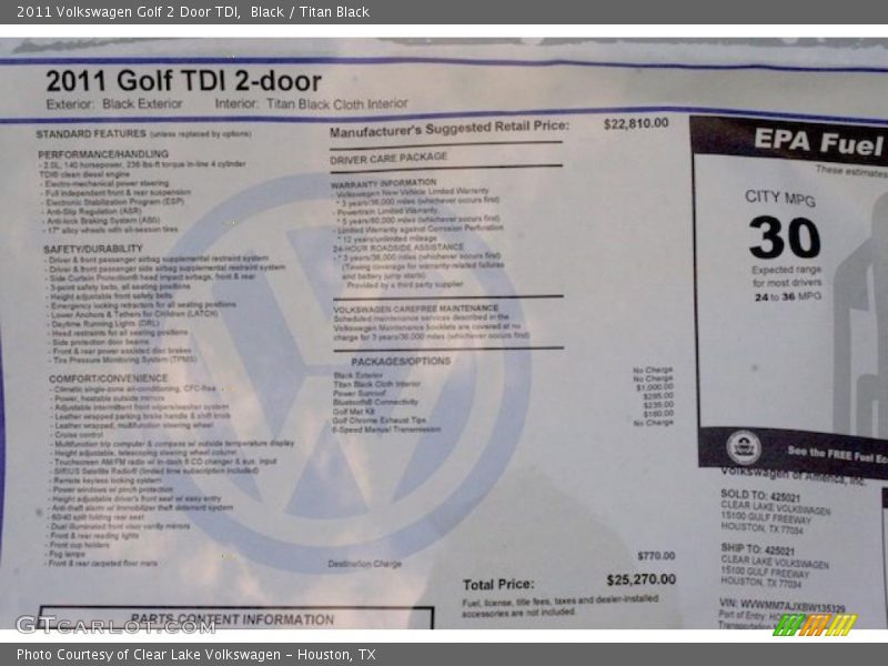  2011 Golf 2 Door TDI Window Sticker