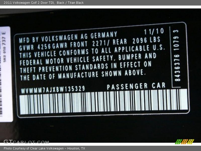 Black / Titan Black 2011 Volkswagen Golf 2 Door TDI