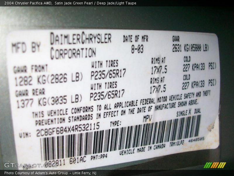 2004 Pacifica AWD Satin Jade Green Pearl Color Code PP4