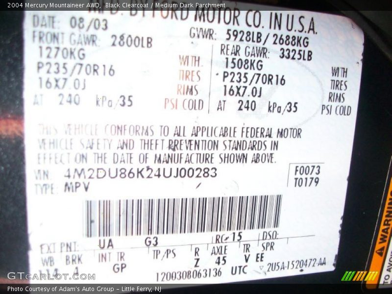 2004 Mountaineer AWD Black Clearcoat Color Code UA