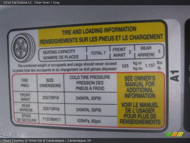 Clear Silver / Gray 2010 Kia Sedona LX
