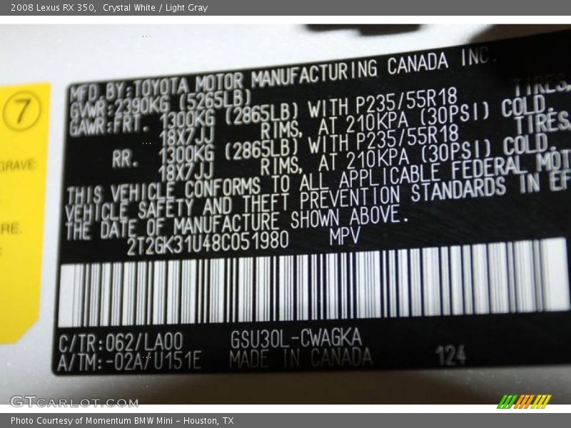 Crystal White / Light Gray 2008 Lexus RX 350