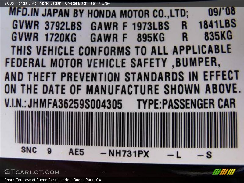 Crystal Black Pearl / Gray 2009 Honda Civic Hybrid Sedan