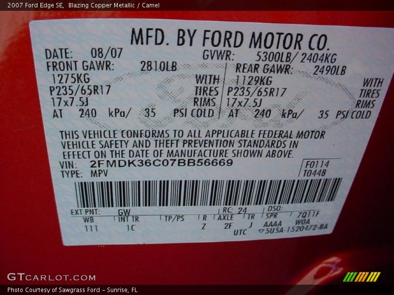 Blazing Copper Metallic / Camel 2007 Ford Edge SE