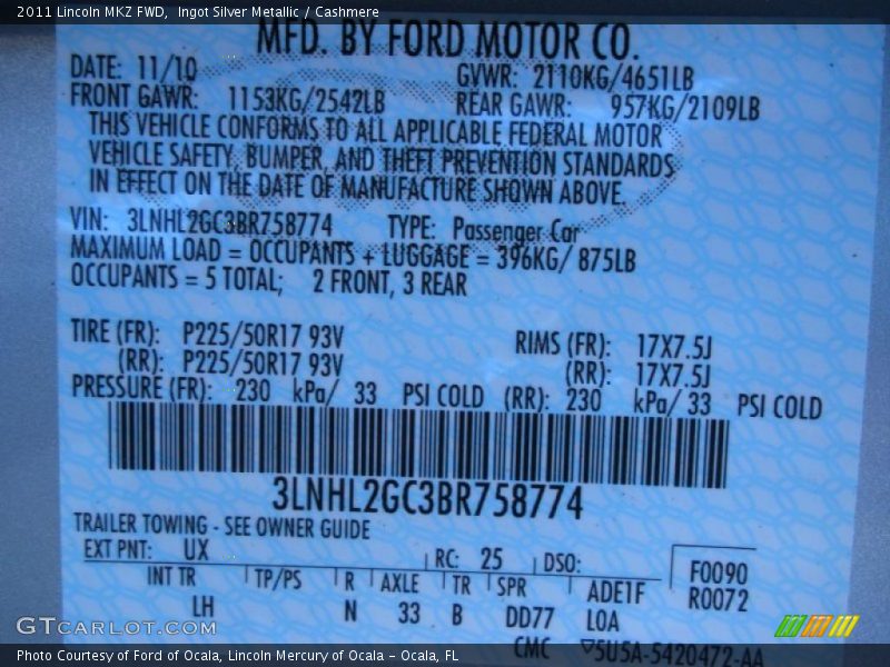 Ingot Silver Metallic / Cashmere 2011 Lincoln MKZ FWD