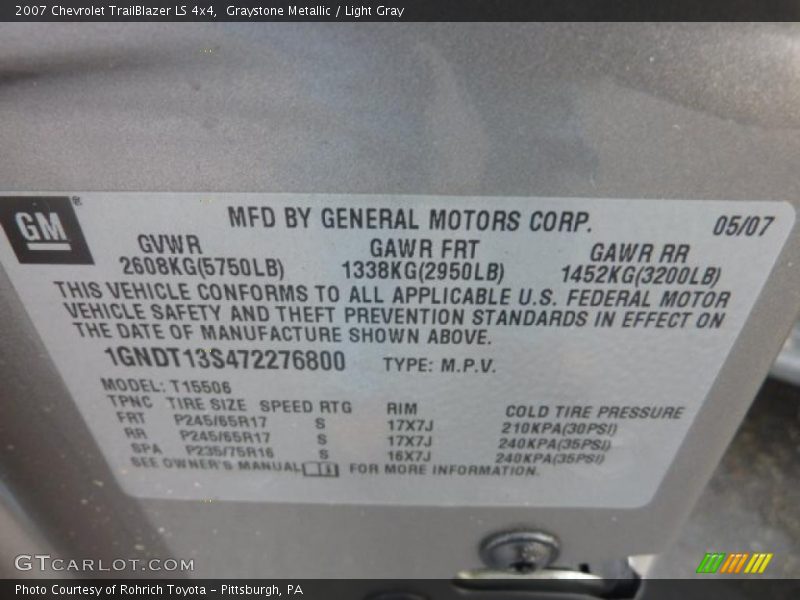 Graystone Metallic / Light Gray 2007 Chevrolet TrailBlazer LS 4x4