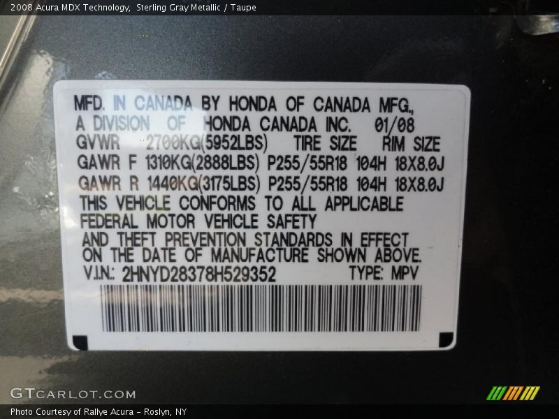 Sterling Gray Metallic / Taupe 2008 Acura MDX Technology