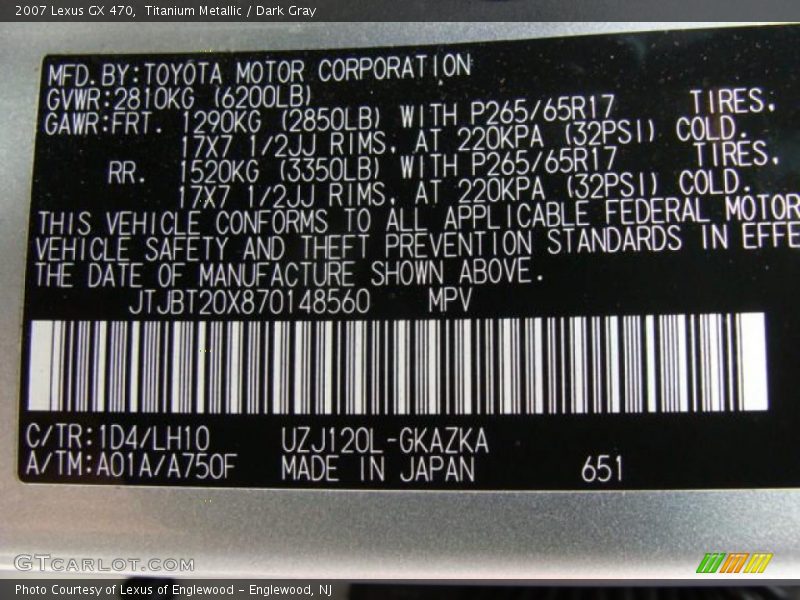 Titanium Metallic / Dark Gray 2007 Lexus GX 470