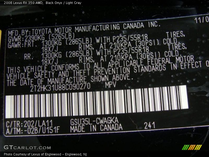 Black Onyx / Light Gray 2008 Lexus RX 350 AWD