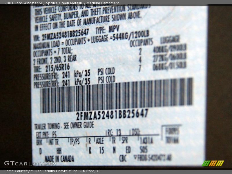 2001 Windstar SE Spruce Green Metallic Color Code FS