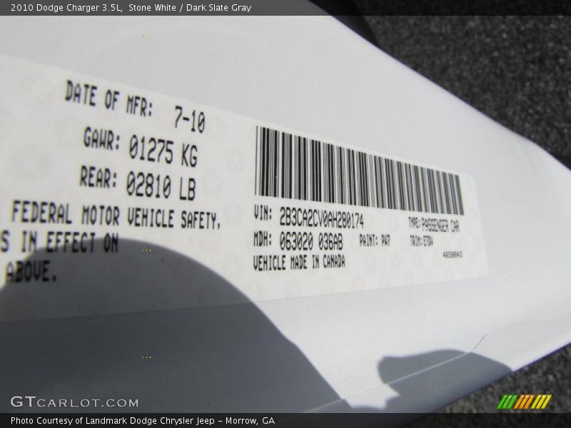 Stone White / Dark Slate Gray 2010 Dodge Charger 3.5L