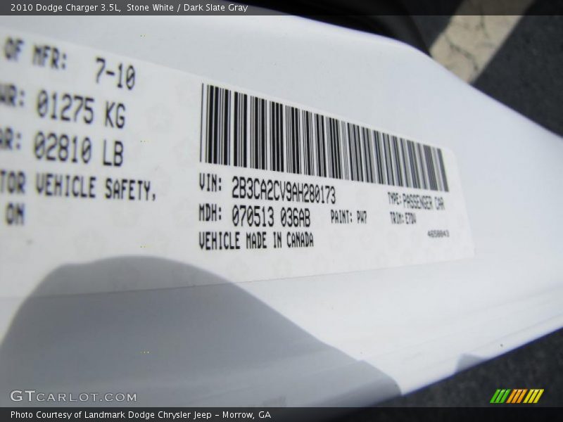 Stone White / Dark Slate Gray 2010 Dodge Charger 3.5L