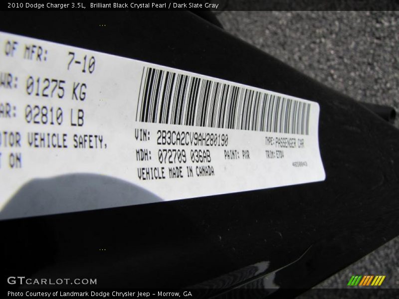 Brilliant Black Crystal Pearl / Dark Slate Gray 2010 Dodge Charger 3.5L
