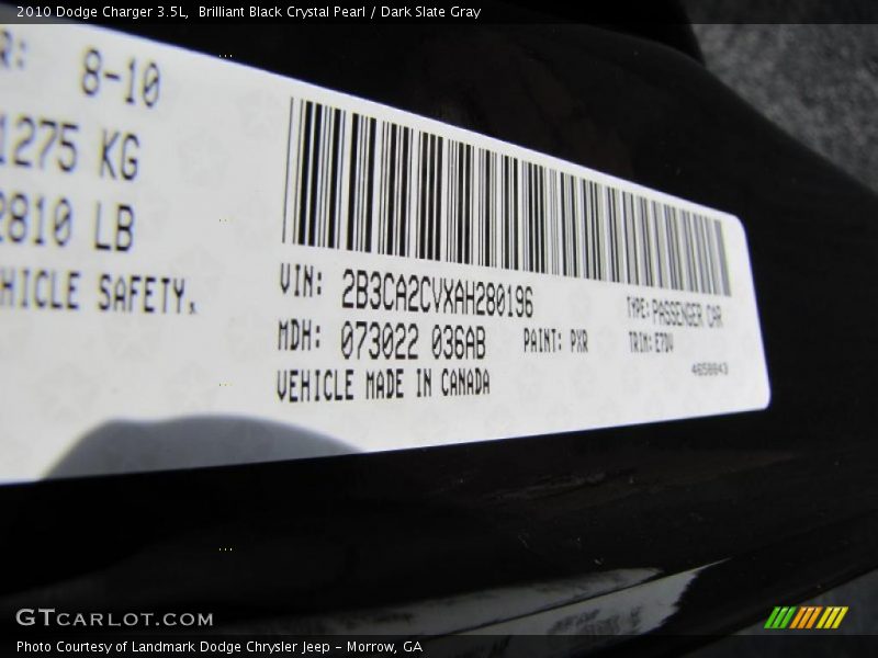 Brilliant Black Crystal Pearl / Dark Slate Gray 2010 Dodge Charger 3.5L
