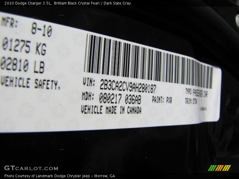 Brilliant Black Crystal Pearl / Dark Slate Gray 2010 Dodge Charger 3.5L