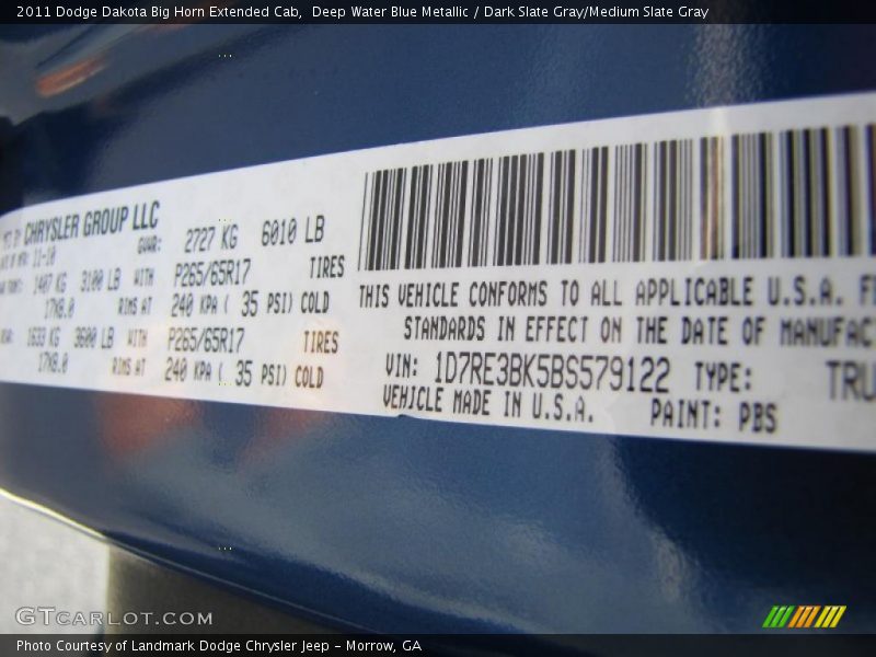 2011 Dakota Big Horn Extended Cab Deep Water Blue Metallic Color Code PBS