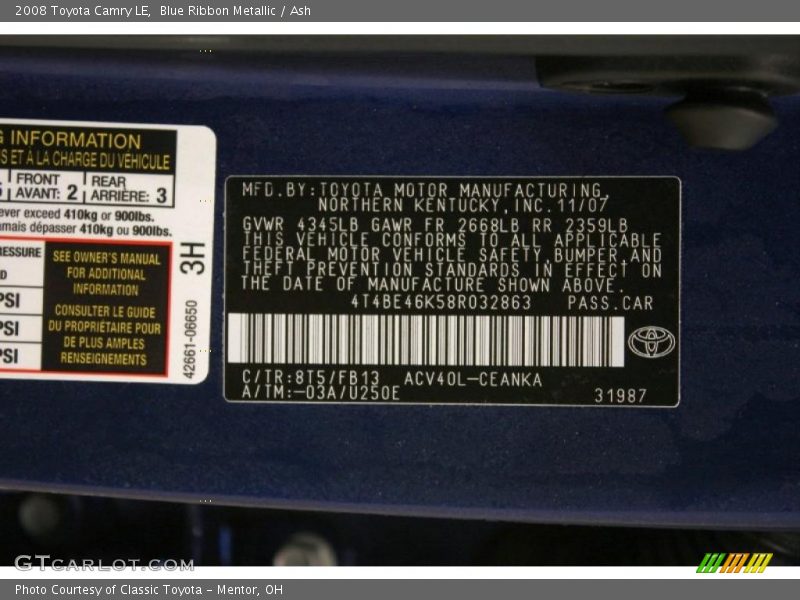 Blue Ribbon Metallic / Ash 2008 Toyota Camry LE