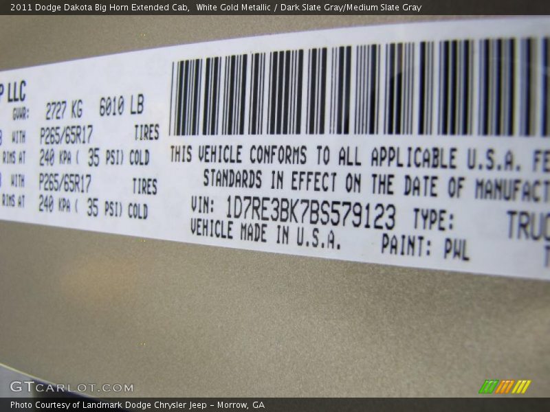 2011 Dakota Big Horn Extended Cab White Gold Metallic Color Code PWL