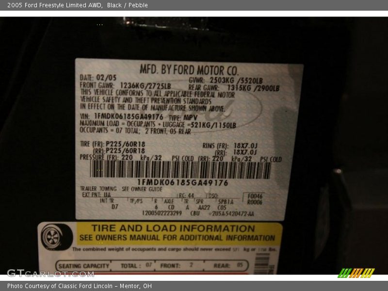 Black / Pebble 2005 Ford Freestyle Limited AWD