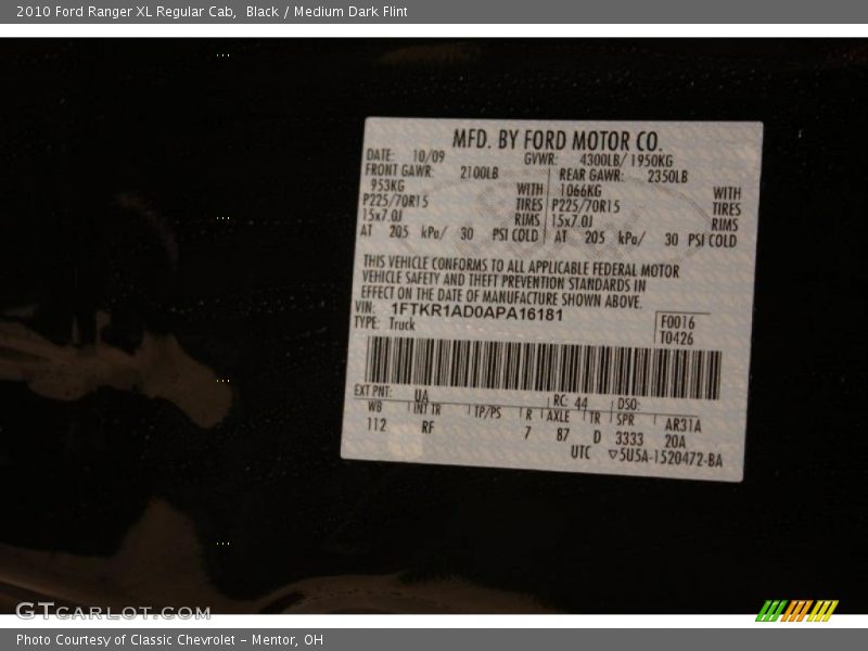 Black / Medium Dark Flint 2010 Ford Ranger XL Regular Cab