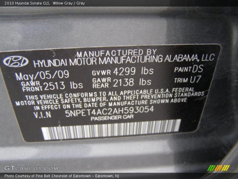 Willow Gray / Gray 2010 Hyundai Sonata GLS