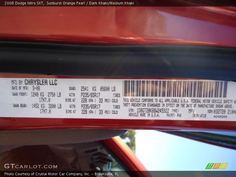 Sunburst Orange Pearl / Dark Khaki/Medium Khaki 2008 Dodge Nitro SXT