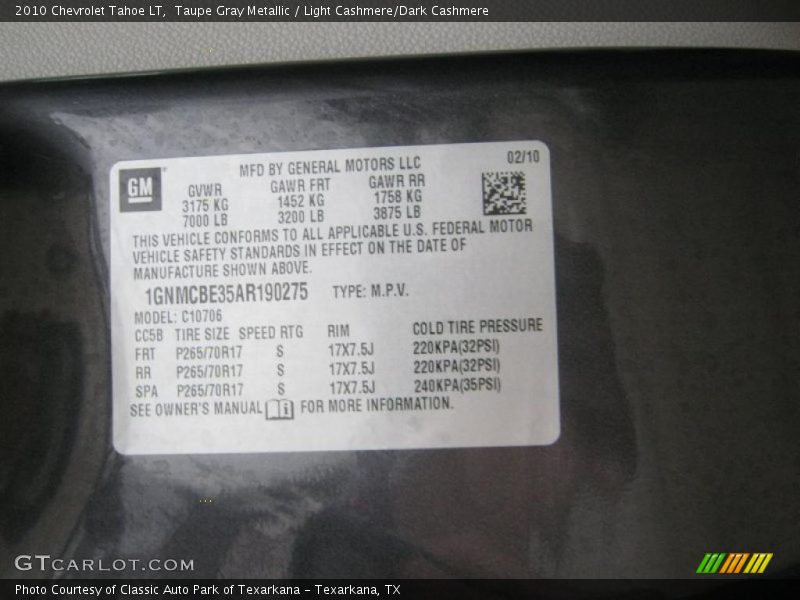 Taupe Gray Metallic / Light Cashmere/Dark Cashmere 2010 Chevrolet Tahoe LT