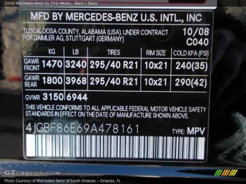2009 GL 550 4Matic Black Color Code 040