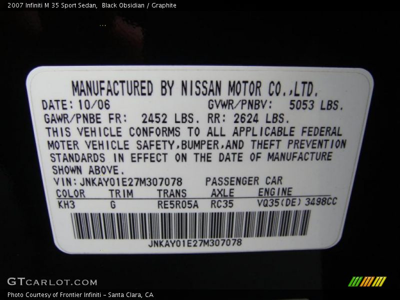 2007 M 35 Sport Sedan Black Obsidian Color Code KH3