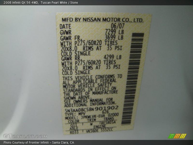 Tuscan Pearl White / Stone 2008 Infiniti QX 56 4WD
