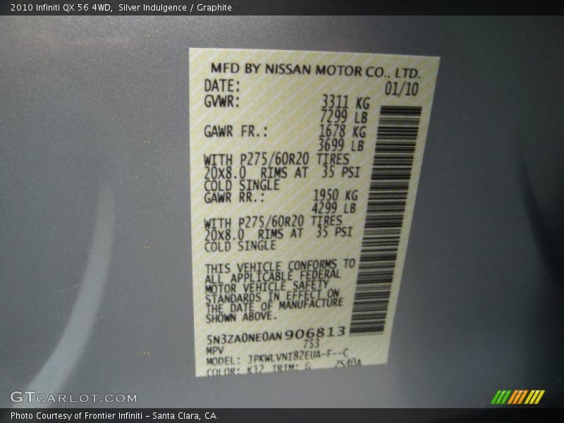2010 QX 56 4WD Silver Indulgence Color Code K12