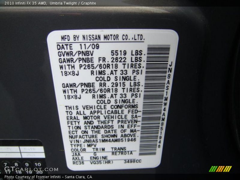 2010 FX 35 AWD Umbria Twilight Color Code JAA