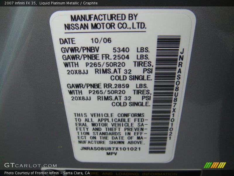 Liquid Platinum Metallic / Graphite 2007 Infiniti FX 35