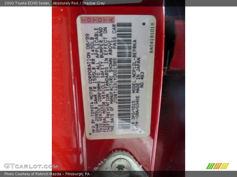 Info Tag of 2000 ECHO Sedan