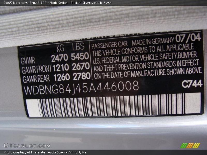 2005 S 500 4Matic Sedan Brilliant Silver Metallic Color Code 744
