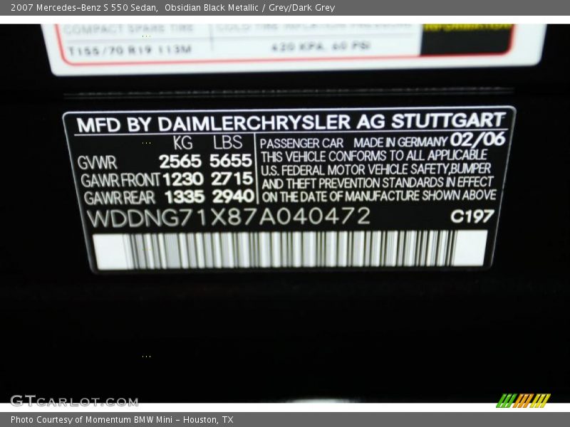 Obsidian Black Metallic / Grey/Dark Grey 2007 Mercedes-Benz S 550 Sedan