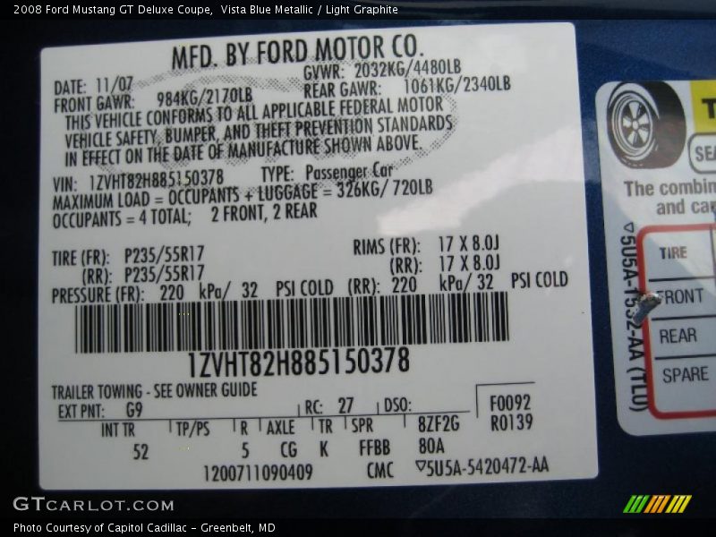 2008 Mustang GT Deluxe Coupe Vista Blue Metallic Color Code G9