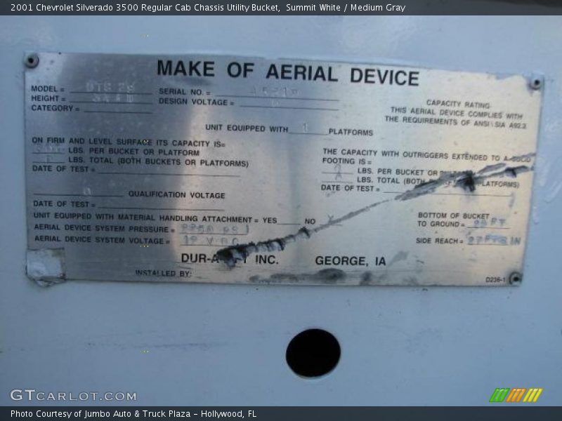 Info Tag of 2001 Silverado 3500 Regular Cab Chassis Utility Bucket