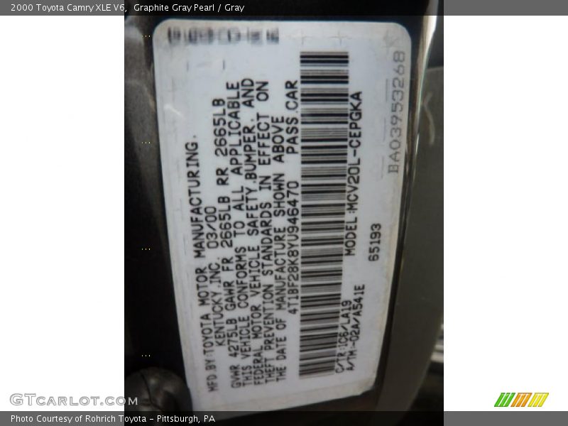 2000 Camry XLE V6 Graphite Gray Pearl Color Code 1C6