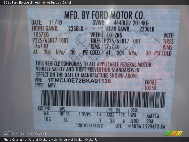 2011 Escape Limited White Suede Color Code WS