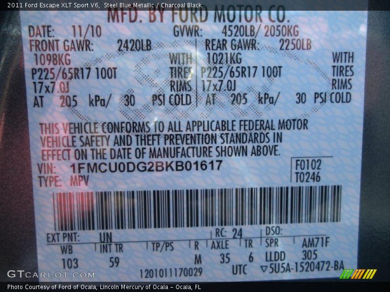 Steel Blue Metallic / Charcoal Black 2011 Ford Escape XLT Sport V6