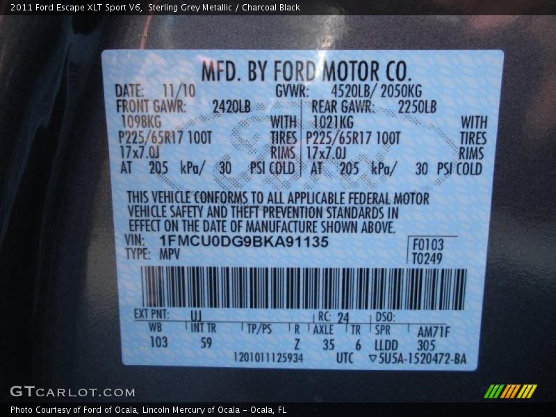 Sterling Grey Metallic / Charcoal Black 2011 Ford Escape XLT Sport V6