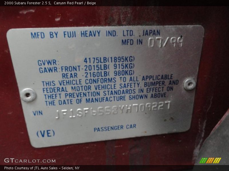 Info Tag of 2000 Forester 2.5 S