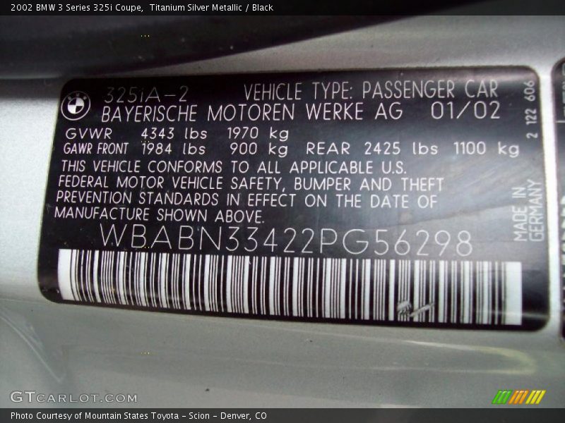 Info Tag of 2002 3 Series 325i Coupe