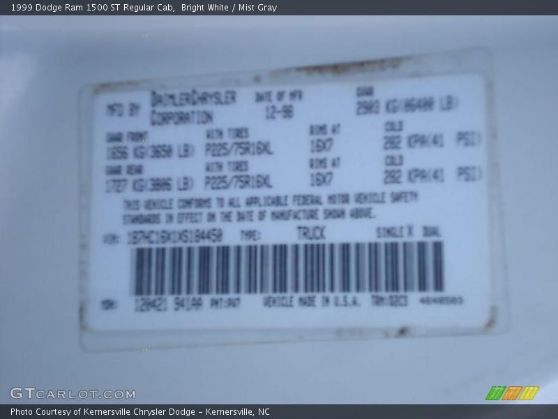 1999 Ram 1500 ST Regular Cab Bright White Color Code PW7
