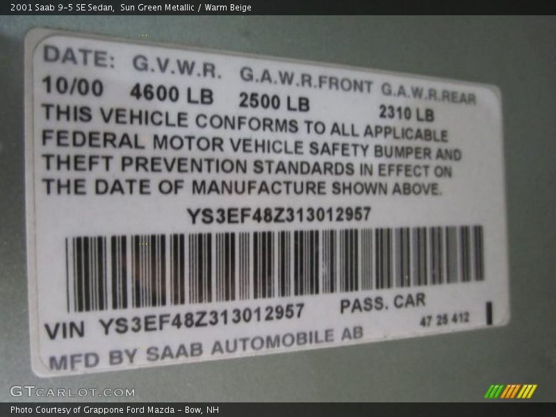 Sun Green Metallic / Warm Beige 2001 Saab 9-5 SE Sedan