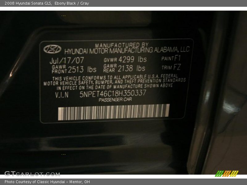 Ebony Black / Gray 2008 Hyundai Sonata GLS