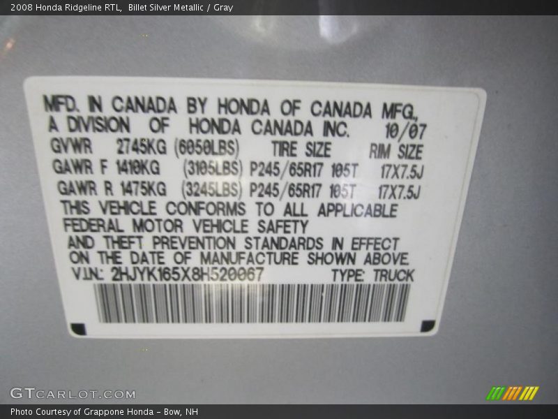 Billet Silver Metallic / Gray 2008 Honda Ridgeline RTL