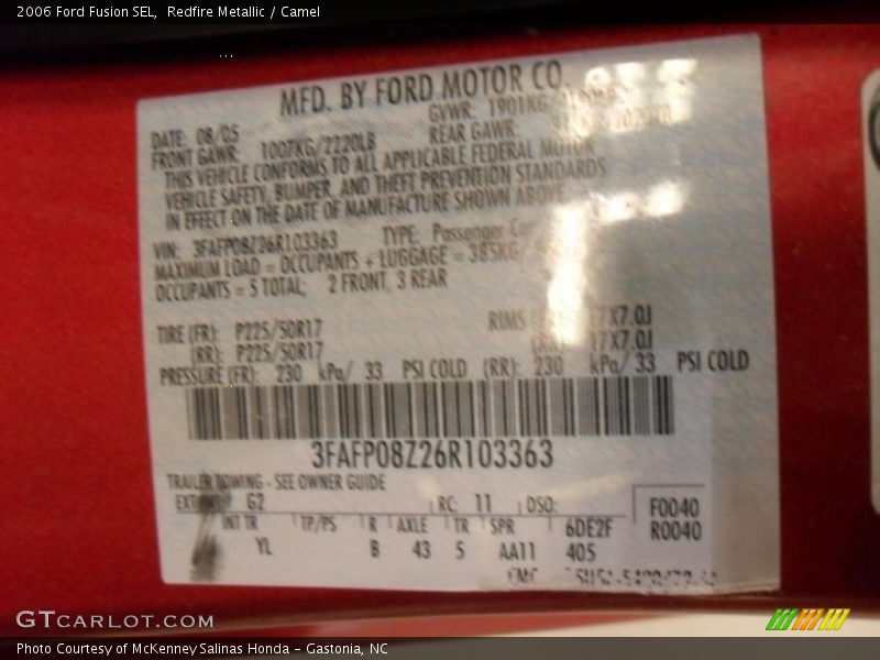 2006 Fusion SEL Redfire Metallic Color Code G2